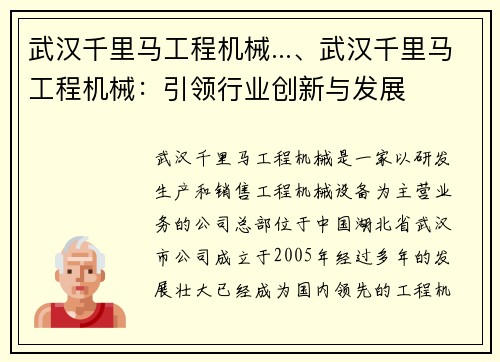 武汉千里马工程机械...、武汉千里马工程机械：引领行业创新与发展